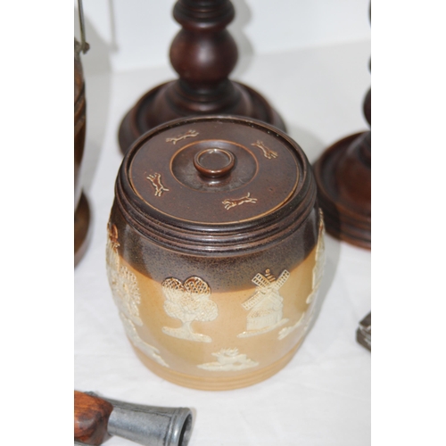 327 - QUANTITY OF TREEN INCLUDING ROYAL DOULTON TOBACCO JAR