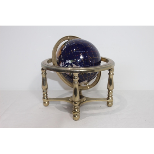 355 - VINTAGE SEMI PRECIOUS GEMSTONE WORLD GLOBE WITH BRASS STAND AND COMPASS 
22CM