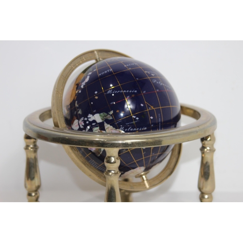 355 - VINTAGE SEMI PRECIOUS GEMSTONE WORLD GLOBE WITH BRASS STAND AND COMPASS 
22CM