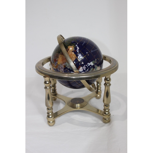 355 - VINTAGE SEMI PRECIOUS GEMSTONE WORLD GLOBE WITH BRASS STAND AND COMPASS 
22CM