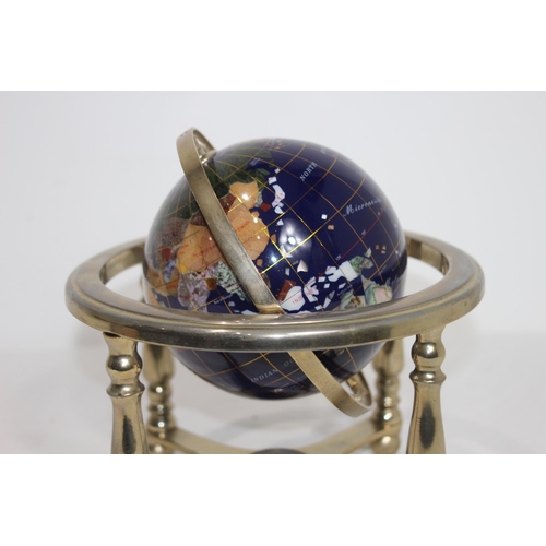 355 - VINTAGE SEMI PRECIOUS GEMSTONE WORLD GLOBE WITH BRASS STAND AND COMPASS 
22CM