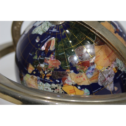 355 - VINTAGE SEMI PRECIOUS GEMSTONE WORLD GLOBE WITH BRASS STAND AND COMPASS 
22CM