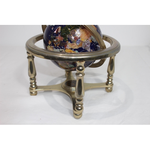 355 - VINTAGE SEMI PRECIOUS GEMSTONE WORLD GLOBE WITH BRASS STAND AND COMPASS 
22CM