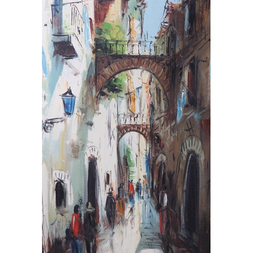 171 - VINTAGE MAJORCA OIL ON BOARD STREET SCENCE 
100 X 68CM