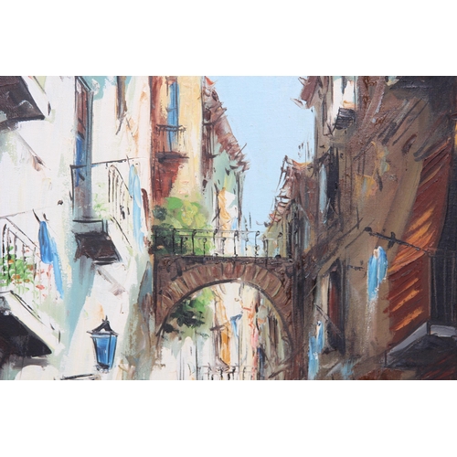 171 - VINTAGE MAJORCA OIL ON BOARD STREET SCENCE 
100 X 68CM