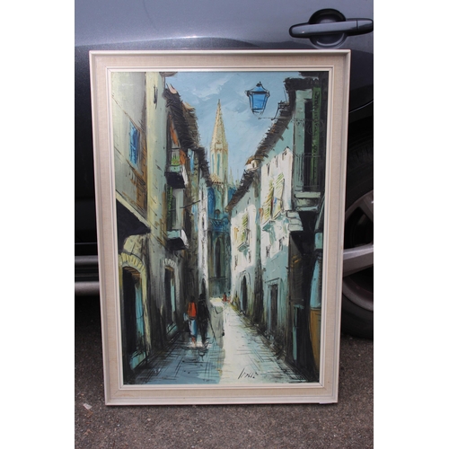 172 - VINTAGE MAJORCA OIL ON BOARD STREET SCENCE 
100 X 68CM