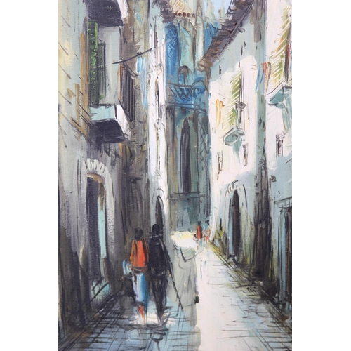 172 - VINTAGE MAJORCA OIL ON BOARD STREET SCENCE 
100 X 68CM