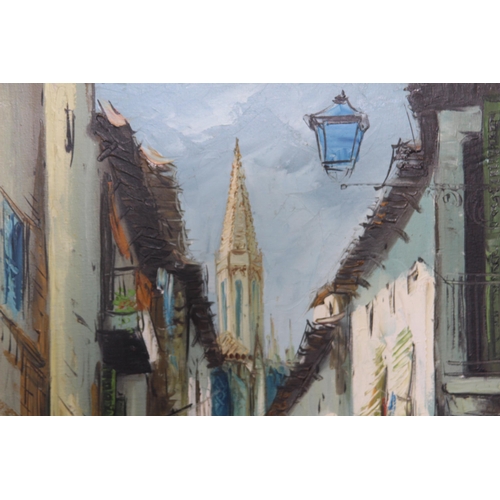 172 - VINTAGE MAJORCA OIL ON BOARD STREET SCENCE 
100 X 68CM