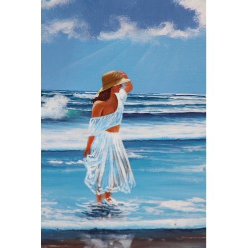 173 - SIGNED OIL ON BOARD OF LADY IN THE SURF 
54 X 47CM