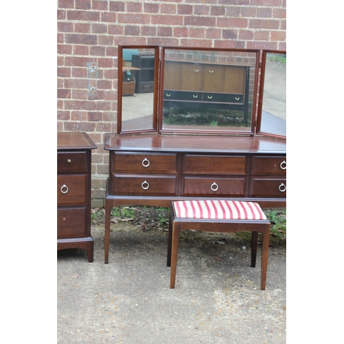 54 - STAG MINSTREL DRESSING TABLE, STOOL, MULTICHEST AND SMALLER CHEST OF DRAWERS - SOME HANDLES ARE MISS... 