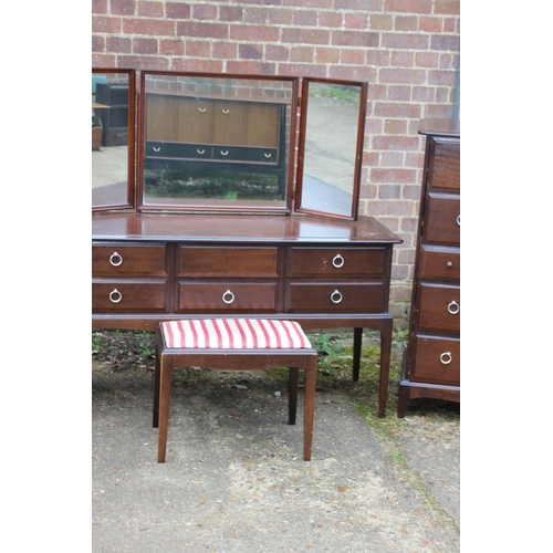 54 - STAG MINSTREL DRESSING TABLE, STOOL, MULTICHEST AND SMALLER CHEST OF DRAWERS - SOME HANDLES ARE MISS... 