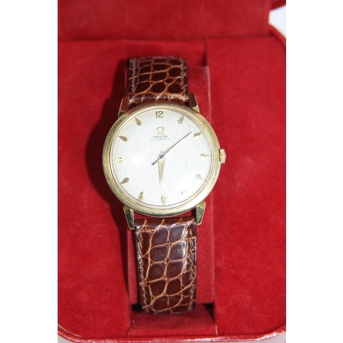 878 - VINTAGE MEN'S OMEGA DRESS 14ct GOLD WATCH WITH BUMPER MOVEMENT BOXED GROSS WEIGHT  39.12g