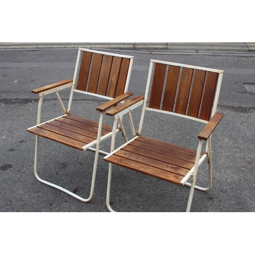 99 - 2 X VINTAGE RETRO FOLDING WOOD SLATTED GARDEN CHAIRS 
60 X 53CM