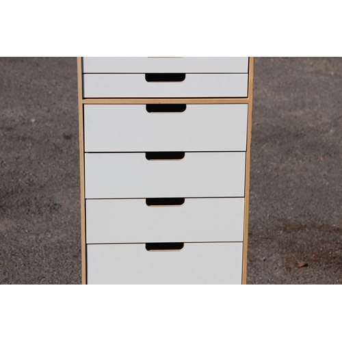 45 - LARGE NARROW WOODEN BANK IF 16 FILING CRAFTING DRAWERS 
35 X 27 X 133CM