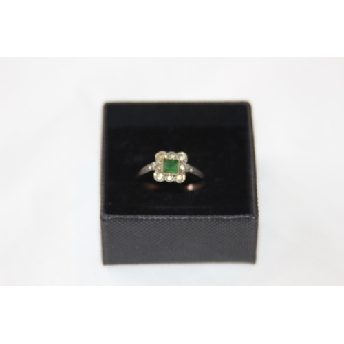 795 - 9CT GOLD RING WITH SILVER MOUNTED GREEN AND CLEAR STONES - 1.74G