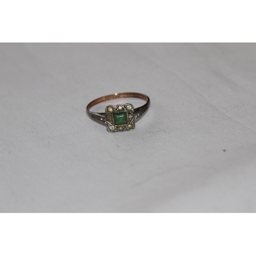 795 - 9CT GOLD RING WITH SILVER MOUNTED GREEN AND CLEAR STONES - 1.74G