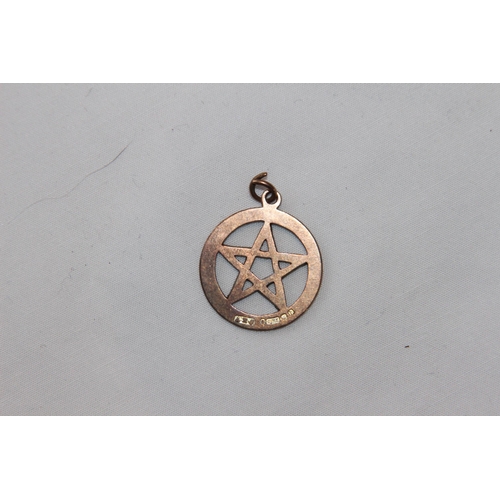 802 - A E JONES 9CT GOLD BRIGHT-CUT FINISH MASONIC OR PENTACLE DESIGN PENDANT OR FOB USED IN MAGICAL EVOCA... 