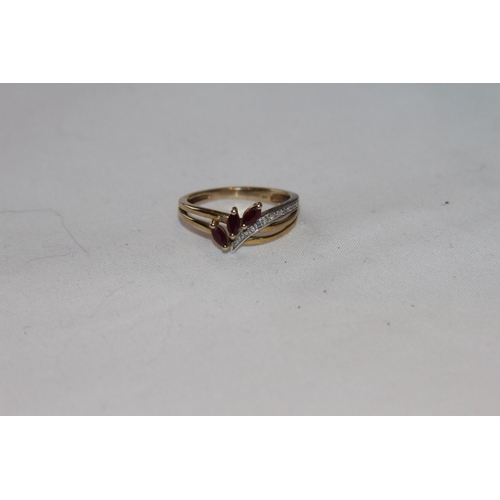 804 - DOUBLE TO TRI BAND DESIGN 9CT YELLOW AND WHITE GOLD RING SET WITH DIAMONDS AND GARNETS