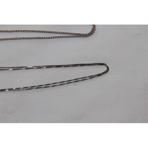 704 - TWO SILVER NECKLACE CHAINS INCLUDING HEART EXAMPLE