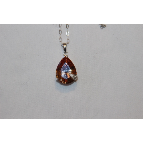 706 - SILVER PENDANT NECKLACE WITH ORANGE STONE AND CZ MOUNTED