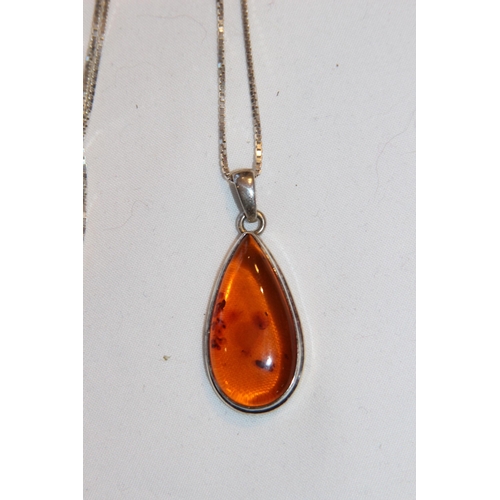 710 - TEAR DROP AMBER COLOURED SET SILVER PENDANT NECKLACE