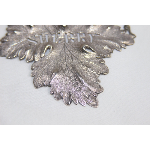 738 - LARGE GEORGIAN SILVER NATURALISTIC GRAPE LEAF FORM DECANTER LABEL - LONDON 1828