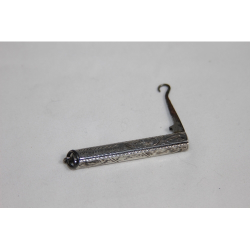 742 - FOLD OUT SILVER CASED BUTTON / LACE HOOK FOR CHATELAINE OR A LARGER FOB WITH BRIGHT-CUT DECORATION