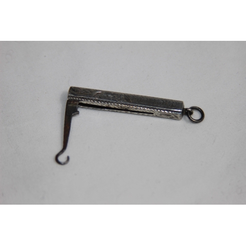 742 - FOLD OUT SILVER CASED BUTTON / LACE HOOK FOR CHATELAINE OR A LARGER FOB WITH BRIGHT-CUT DECORATION