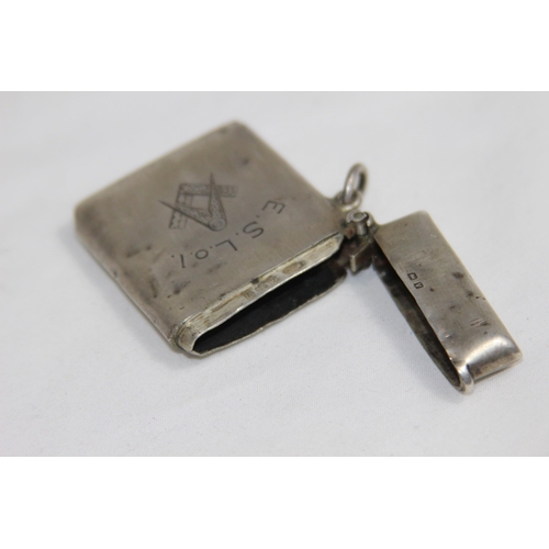 746 - MASONIC ENGRAVED AND THEMED SILVER VESTER CASE - BIRMINGHAM 1920