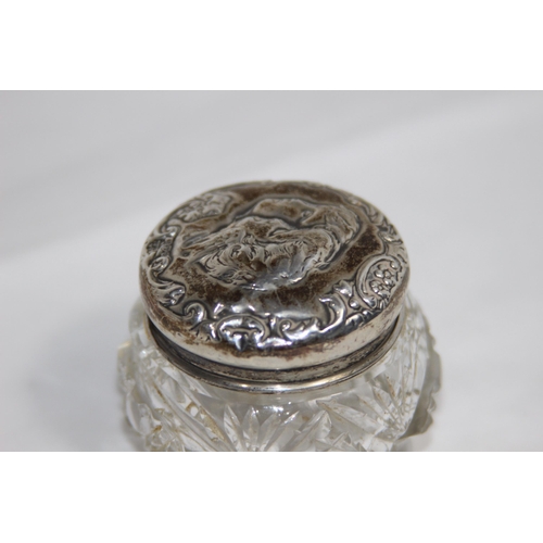 754 - CHERUB EMBOSSED SILVER TOPPED CUT GLASS JAR - CHESTER 1902