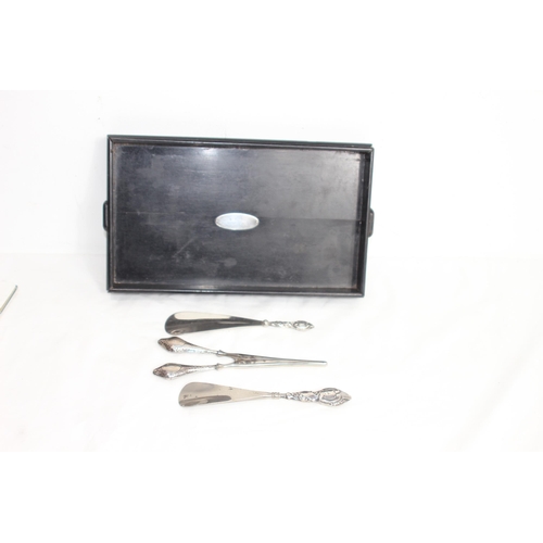 757 - SILVER MOUNTED EBONISED WOODEN DRESSING TABLE TRAY ANS A SELECTION OF SILVER HANDLE SHOE HORNS AND S... 