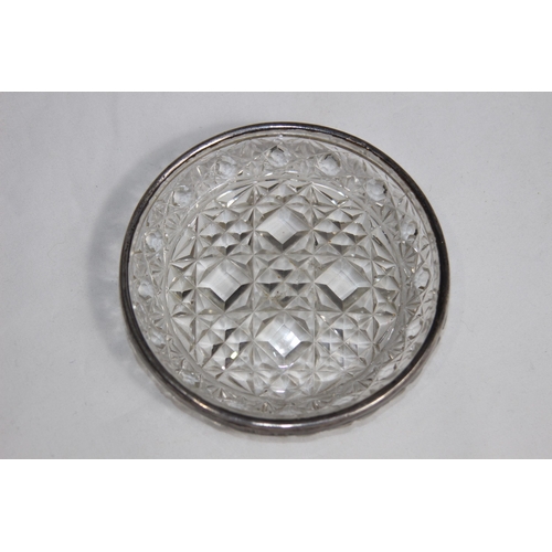 766 - SILVER RIMMED CUT GLASS PIN DISH - BIRMINGHAM 1900 AND AN EGYPTIAN SILVER DISH