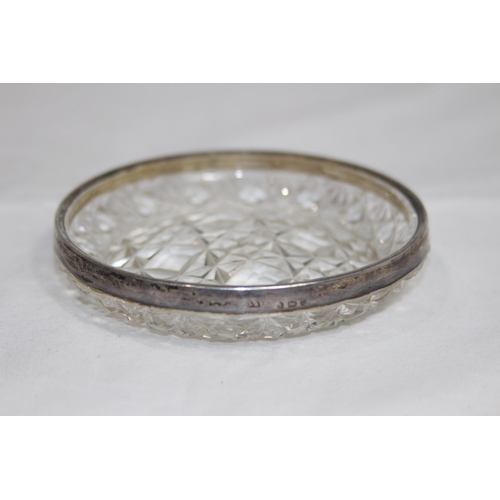 766 - SILVER RIMMED CUT GLASS PIN DISH - BIRMINGHAM 1900 AND AN EGYPTIAN SILVER DISH