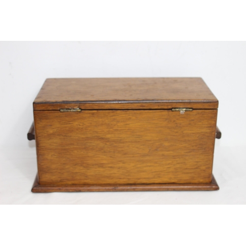 319 - VINTAGE WOODEN WORK BOX WITH DRAWER 
34 X 18.5 X 17CM