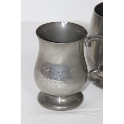 516 - THREE RAF PRESENTATION TANKARDS - 2 IN PEWTER AND ONE IN SILVER PLATED