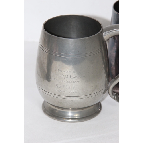 516 - THREE RAF PRESENTATION TANKARDS - 2 IN PEWTER AND ONE IN SILVER PLATED