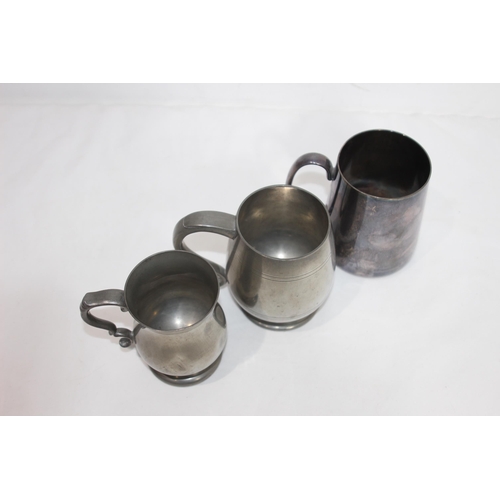 516 - THREE RAF PRESENTATION TANKARDS - 2 IN PEWTER AND ONE IN SILVER PLATED