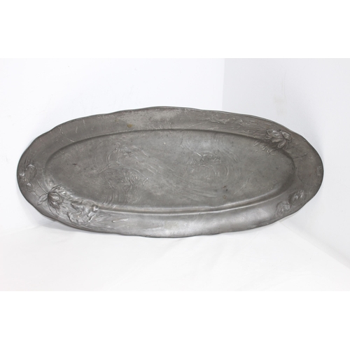 604 - LARGE KAYSERZINN ART NOUVEAU PEWTER TRAY DESIGN 4128 WITH LILY PAD AND CARP FISH DECORATION 
62CM