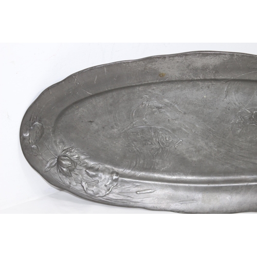 604 - LARGE KAYSERZINN ART NOUVEAU PEWTER TRAY DESIGN 4128 WITH LILY PAD AND CARP FISH DECORATION 
62CM