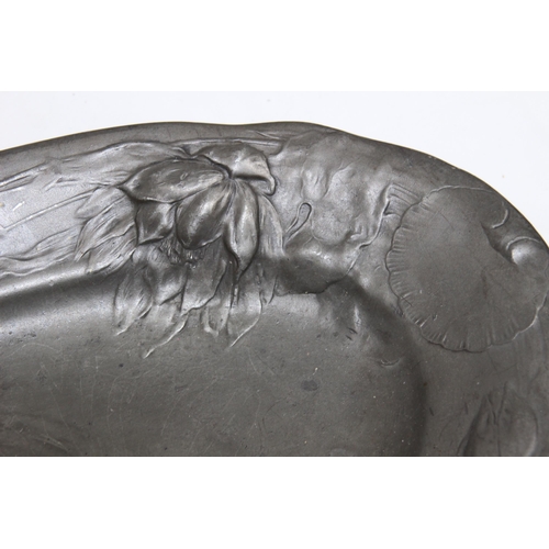 604 - LARGE KAYSERZINN ART NOUVEAU PEWTER TRAY DESIGN 4128 WITH LILY PAD AND CARP FISH DECORATION 
62CM