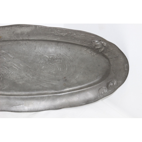 604 - LARGE KAYSERZINN ART NOUVEAU PEWTER TRAY DESIGN 4128 WITH LILY PAD AND CARP FISH DECORATION 
62CM