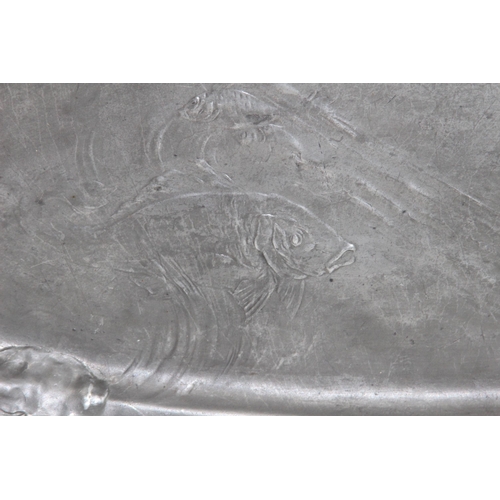 604 - LARGE KAYSERZINN ART NOUVEAU PEWTER TRAY DESIGN 4128 WITH LILY PAD AND CARP FISH DECORATION 
62CM