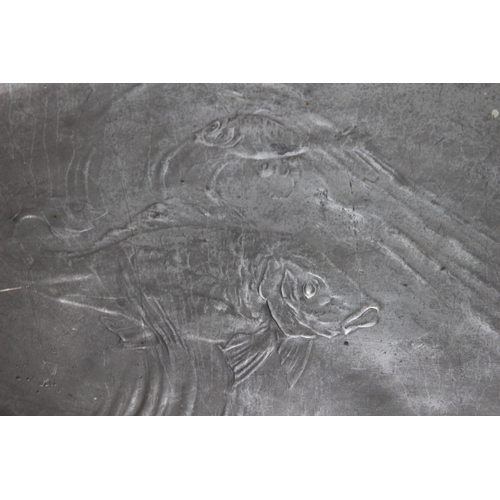 604 - LARGE KAYSERZINN ART NOUVEAU PEWTER TRAY DESIGN 4128 WITH LILY PAD AND CARP FISH DECORATION 
62CM