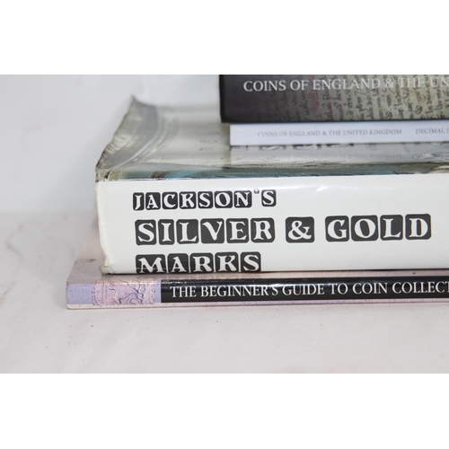 608 - JACKSONS HALLMARKS LARGE HARDBACK EDITION AND A QUANTITY OF COIN BOOKS