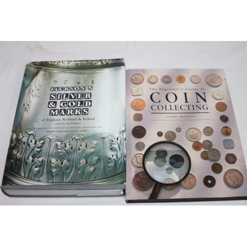 608 - JACKSONS HALLMARKS LARGE HARDBACK EDITION AND A QUANTITY OF COIN BOOKS