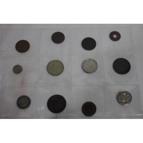 634 - SIX SLEEVES OF FOREIGN COINS AND TOKENS AND A QUANTITY OF LOOSE BRITISH AND FOREIGN COINS