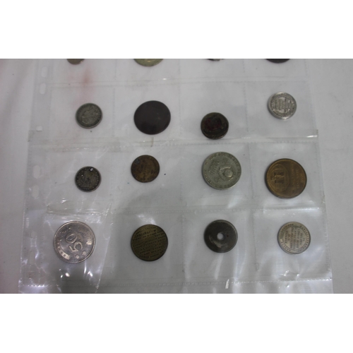 634 - SIX SLEEVES OF FOREIGN COINS AND TOKENS AND A QUANTITY OF LOOSE BRITISH AND FOREIGN COINS