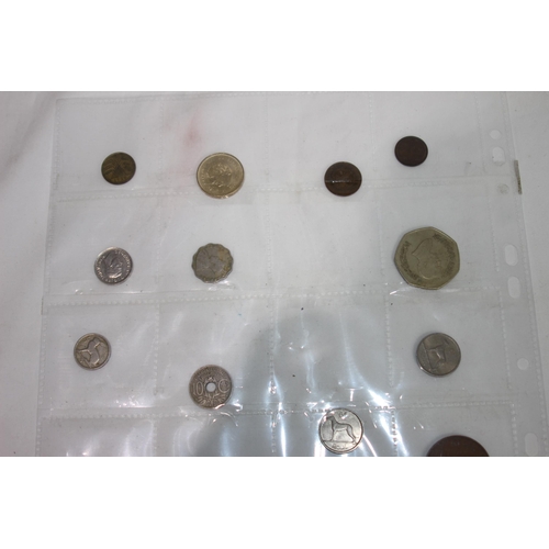 634 - SIX SLEEVES OF FOREIGN COINS AND TOKENS AND A QUANTITY OF LOOSE BRITISH AND FOREIGN COINS