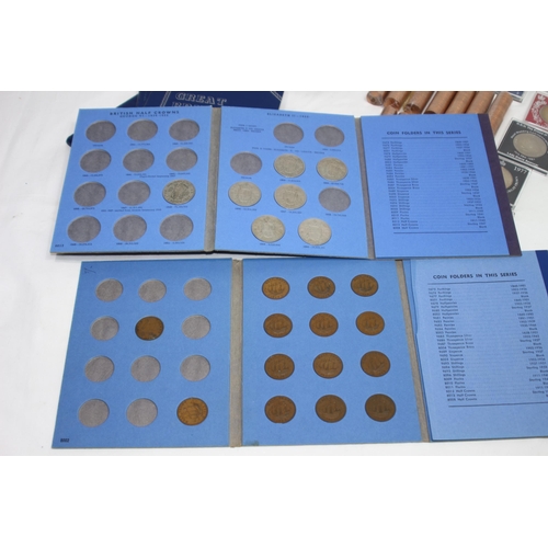 637 - PRESENTATION CASED COINS, SELECTION OF WHITMAN FOLDERS WITH SOME CONTENTS, SOME ROLLED BANK ISSUE 1/... 