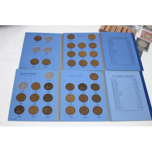 637 - PRESENTATION CASED COINS, SELECTION OF WHITMAN FOLDERS WITH SOME CONTENTS, SOME ROLLED BANK ISSUE 1/... 